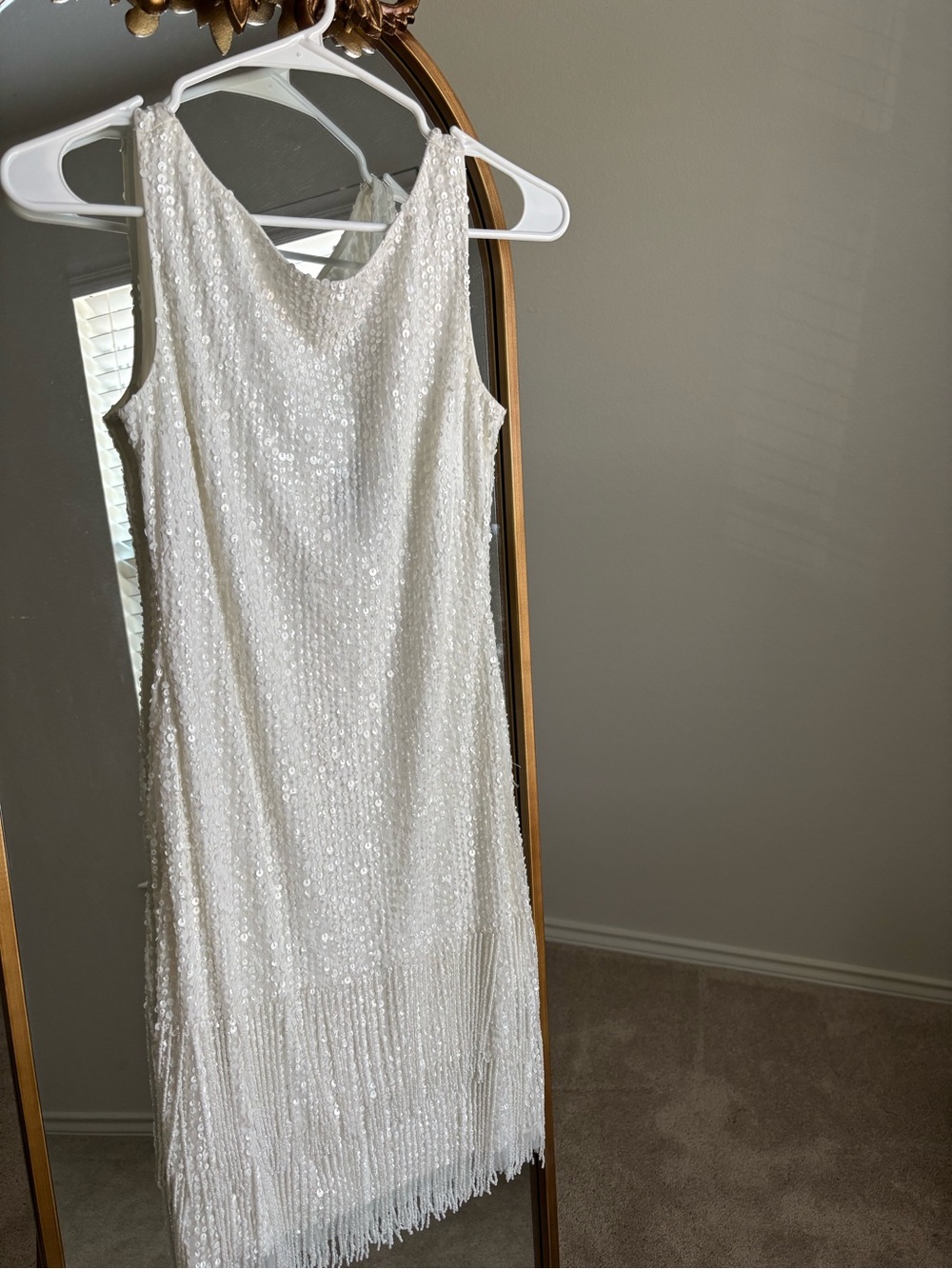 Adrianna Papell White Sequin Fringe  Dress